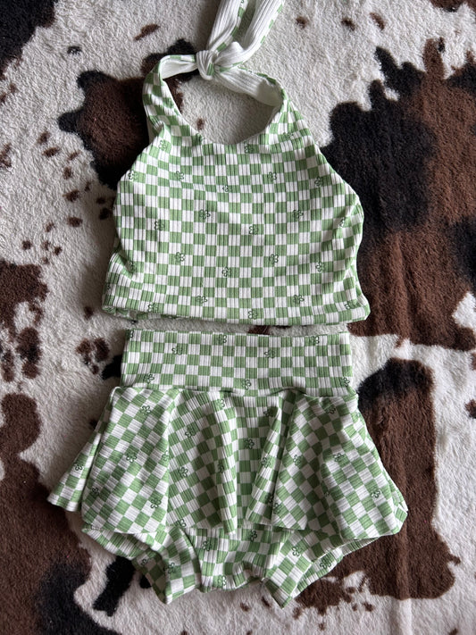 MTO GREEN CHECKHERED FLOWER SUMMER SET